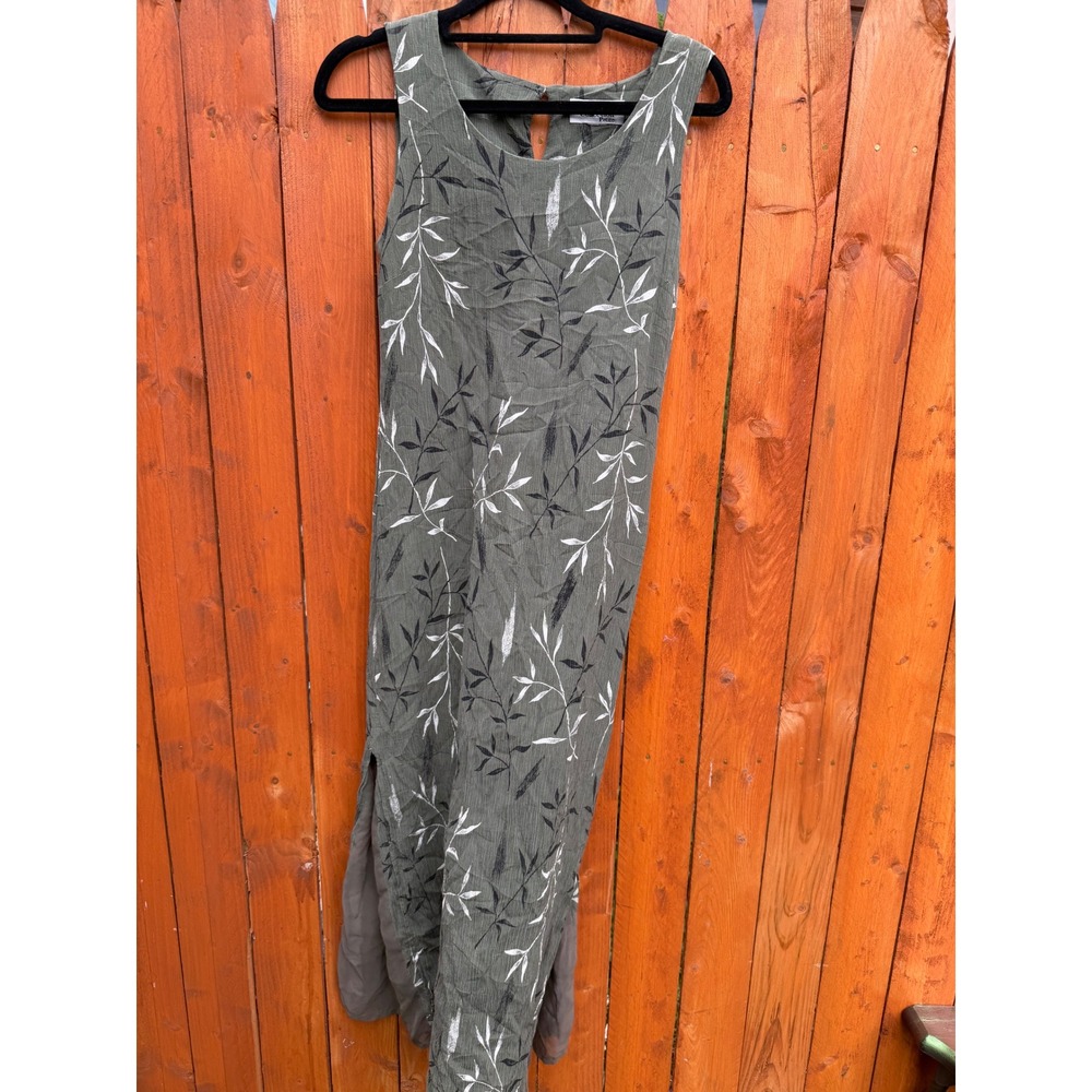 Style & Co Petite Olive Green Botanical Leaf Print Crinkle Maxi Dress Sleeveless
